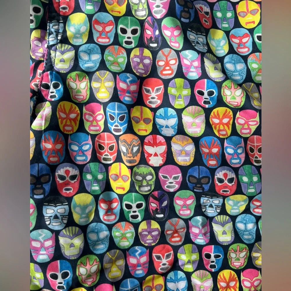 LUCHIANO VISCONTI Swim Trunks Sz Med Black with Multicolor Wrestler Masks - Picture 6 of 8